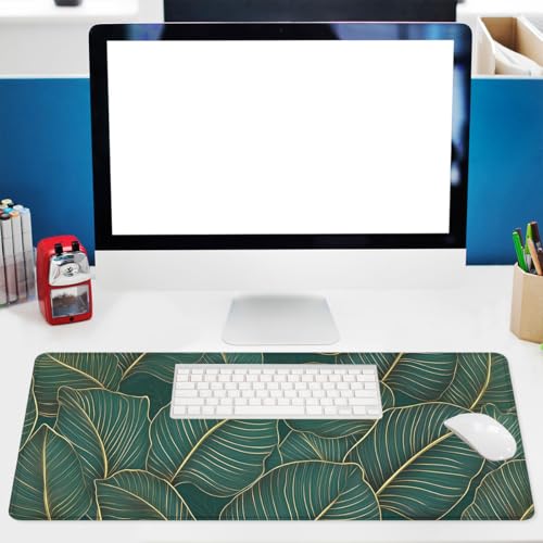 Tropical Jungle Mouse Pad Green Banana Leaf Gold Leaves Large Desk Mat Extended Large Laptop Keyboard Non-Slip Rubber Base with Stitched Edges for Home 31.5 x 11.8 Desk Home Office Gaming - color: Tropical Jungle, size: 31.5" x 11.8"