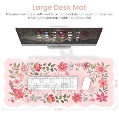 HAOCOO Desk Pad Mat, Pink Scalloped Desk Pad, Computer Desk Mat, Non-Slip Desk Pad for Keyboard and Mouse, Large Desk Mouse Pad with Egde Stitched, Waterproof Floral Keyboard Mat for Office (Hot Pink) - color: Hot Pink Wave
