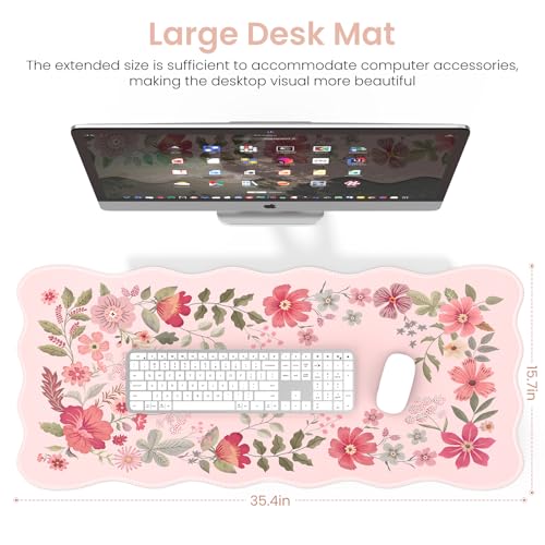 HAOCOO Desk Pad Mat, Pink Scalloped Desk Pad, Computer Desk Mat, Non-Slip Desk Pad for Keyboard and Mouse, Large Desk Mouse Pad with Egde Stitched, Waterproof Floral Keyboard Mat for Office (Hot Pink) - color: Hot Pink Wave