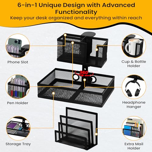 6-in-1 Clamp On Desk Organizer with Cup Holder & 360° Rotating Under Desk Drawer, Swappable Parts, Easy to Install Standing Desk Drawer Attachment, Space-Saving for Home & Office