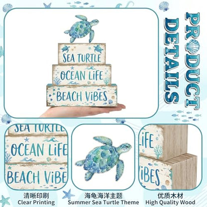 4 Pcs Summer Sea Turtle Bathroom Decor Summer Ocean Table Decorations Beach Tiered Tray Decor Coastal Wooden Signs Shelf Sitter Save The Sea Home Kitchen Office Decorations - style: Turtle