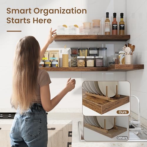Marsmiles 16in Floating Shelves for Wall, 16" W x 9.25" D x 1.25" H, 2 Pack Long Wall Mounted Engineered Wood Shelves with Invisible Brackets, Rustic Brown - color: Rustic Brown With Invisible Metal Brackets, size: 16"W, 2 Packs