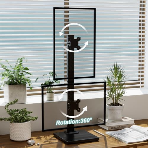 Suptek Dual Monitor Stand with Base Vertical Stack Screen Free-Standing Monitor Riser Fits Two Screen Max 36" & One Screen Max 43" with Swivel, Tilt, Height Adjustable,50,75 and 100mm Vesa Base Stand - size: 13-43in(single)/13-36in(dual)