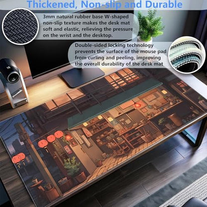 Extended Gaming Mouse Pad XL, Japanese Anime Desk Mat 31.5x15.7, Non-Slip | Beautiful large desk pad featuring a cozy retro Japanese street design. Elevates your aesthetic home office setup. - color: Warm and Cozy Store