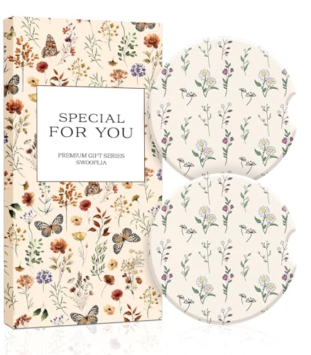 Swooflia Car Coasters for Women - Cartoon Floral Car Cup Coasters Absorbent Cup Holder Coasters for Car 2 Pcs Ceramic Car Coasters with Cork Base Car Interior Accessories - color: Comic Flower