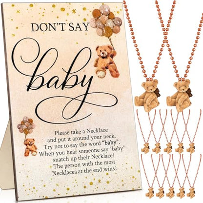 Roowest 51 Don't Say Baby Shower Game Wooden Sign Table Decor Gift Sets 50 Necklaces Felt Bear Pattern Necklaces for Baby Shower Gender Reveal Games Party Favor(Brown)
