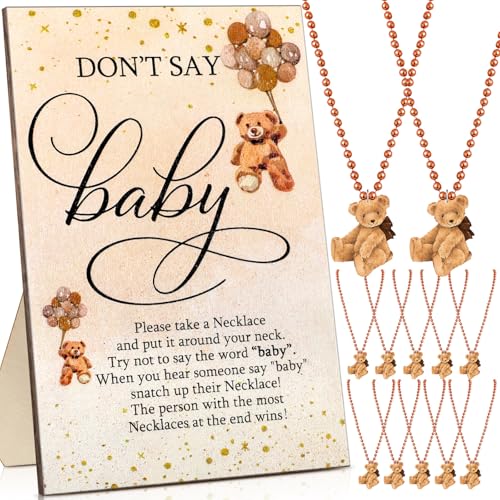 Roowest 51 Don't Say Baby Shower Game Wooden Sign Table Decor Gift Sets 50 Necklaces Felt Bear Pattern Necklaces for Baby Shower Gender Reveal Games Party Favor(Brown)