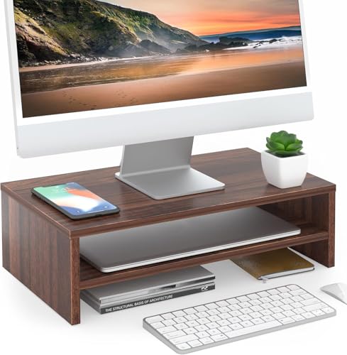 FITUEYES Monitor Stand - 2 Tier Computer Monitor Riser Shelf, Wood Desktop Stand for Laptop Computer Screen, Desk Organization, Office Supplies - color: Brown, size: 16.7“