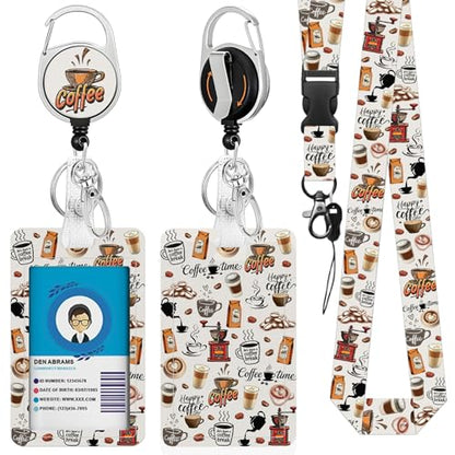 Lanyards for ID Badge, Coffee for ID Badge Holder, Coffee ID Badge Holder with Heavy-Duty Retractable Reel Clip, Gift for Teacher Nurse Adult - color: Coffee-white