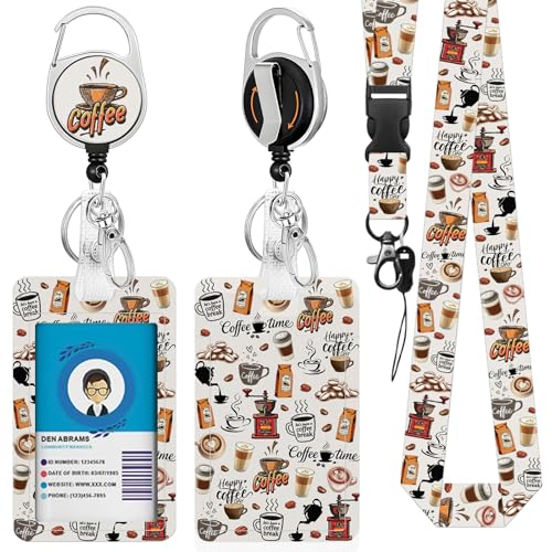 Lanyards for ID Badge, Coffee for ID Badge Holder, Coffee ID Badge Holder with Heavy-Duty Retractable Reel Clip, Gift for Teacher Nurse Adult - color: Coffee-white