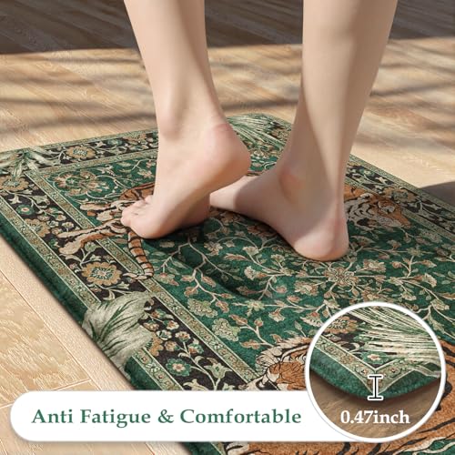 KIMODE Anti Fatigue Mats for Kitchen Floor 17"x47"+17"x29", Cushioned Tiger Kitchen Rugs Sets of 2, Padded Kitchen Floor Mats Non Slip, Comfort Standing Mats for Laundry Office Sink Desk Green - color: Tiger/Green, size: 17.3" x 47"+17.3" x 29"--0.47 inch