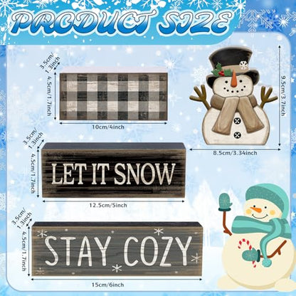 Yuntau 4 Pcs Winter Table Decorations Wooden Snowman Winter Tiered Tray Decor Rustic Block Signs Gift Farmhouse Christmas Centerpiece for Tables Party Kitchen Shelf Home - style: Let It Snow