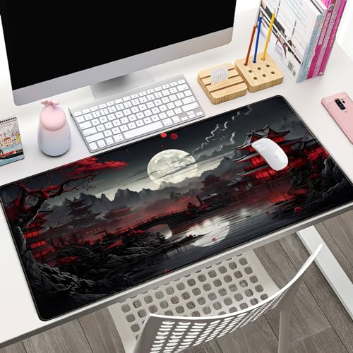 Japanese Desk Mat Riverside Full Moon Desk Pad Black Red Large Mouse Pad Gaming Mousepad Extended XXL Keyboard Pad 31.5 x 15.7 in Laptop Computer Mouse Keyboard Mat for Office Desk Decor - color: A Full Moon