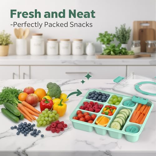 Snackle Box Container for Adults with 10 Compartment, Divided Serving Tray with Lid and Handle and 2 Sauce Containers, Portable Snack Box Container for Charcuterie Party Travel, Green - color: Green