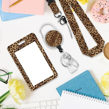 Leopard Badge Holder with Lanyard, Funny ID Badge Holder with Retractable Reel Clip and Keychain for Leopard Lovers, Vertical Identity Card Cover Case Protector for Nurse Teacher - color: Leopard-brown