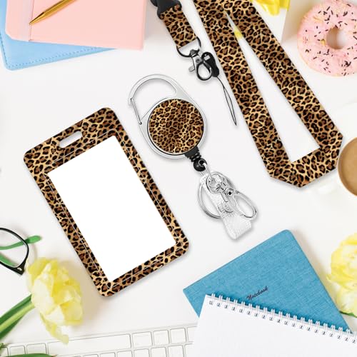 Leopard Badge Holder with Lanyard, Funny ID Badge Holder with Retractable Reel Clip and Keychain for Leopard Lovers, Vertical Identity Card Cover Case Protector for Nurse Teacher - color: Leopard-brown
