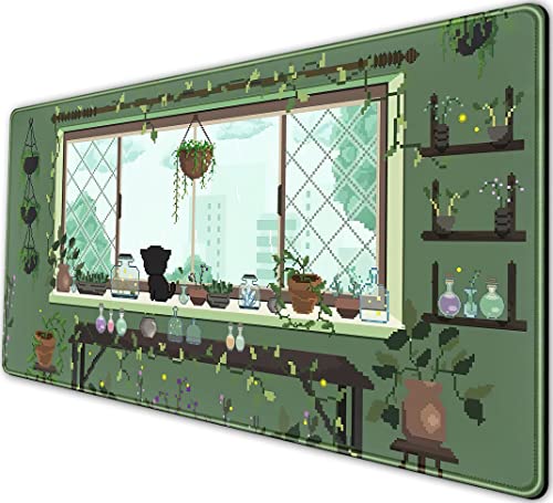Cute Kawaii Green Plant Desk Mat Anime Aesthetic Mousepad Pixel Art XXL Large Gaming Mouse Pad Laptop Keyboard Mat Desk Pad 31.5x15.75 in, Office Home Decor for Women Girl - color: Green Pixel Plant