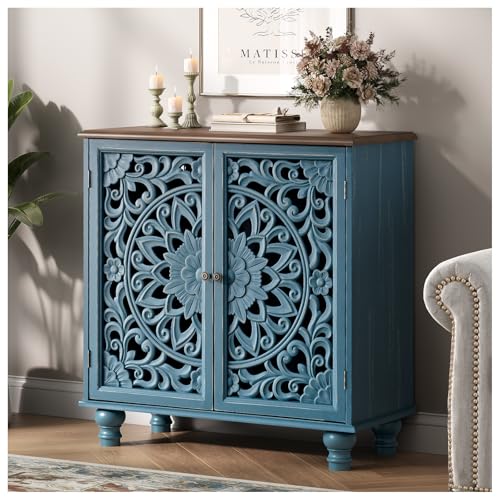 Accent Cabinet with Carved Doors,Blue Buffet Cabinet with Storage | Handcrafted Distressed Carvings,Solid Wood Legs,Accent Cabinet for living room & bedroom & entryway,Adjustable Shelves - color: Blue & Walnut_2 Doors