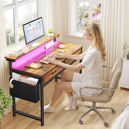 Gaming Desk with LED Lights & 2 Fabric Drawers, 39.4Inch Home Office Computer Desk with Side Pocket & Ergonomic Monitor Stand, Small Space Study Writing Table with Anti-Tip Design, Rustic Brown - color: Brown, size: 39.4 Inch