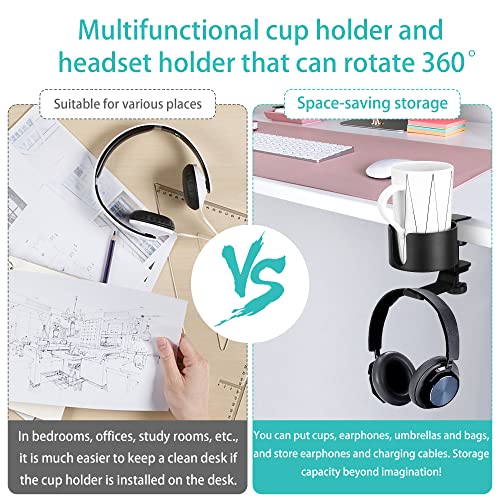 2 in 1 Desk Cup Holder with Headphone Hanger Holder, Anti-Spill Cup Holder-360° Rotation Aluminum Alloy Stand Hook Bearing Capacity 10kg/22lb Suitable for Coffee Mups,Water Cups,Bag,Headphone