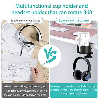 2 in 1 Desk Cup Holder with Headphone Hanger Holder, Anti-Spill Cup Holder-360° Rotation Aluminum Alloy Stand Hook Bearing Capacity 10kg/22lb Suitable for Coffee Mups,Water Cups,Bag,Headphone