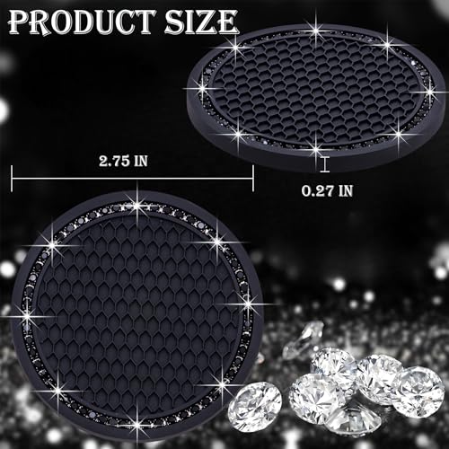 2PCS Bling Cup Holder Coaster, 2.75 Inch Auto Car Cup Holder Insert Coasters, Soft Silicone Anti-Slip Shockproof, Universal Vehicle Interior Accessories for Women Girls (Black) - color: Black & Black, size: 2 pcs