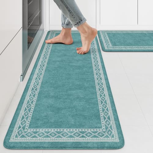 KIMODE Anti Fatigue Kitchen Mats 17"x47"+17"x29", Farmhouse Memory Foam Kitchen Floor Mats Non Slip, Turquoise Kitchen Mats for Floor, Waterproof Standing Mats for Laundry Office Sink Desk - color: Turquoise/White, size: 17.3" x 47"+17.3" x 29"--0.47 inch