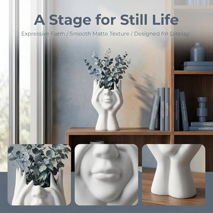 Face-Holding Creative Pen Holder Art Decor Ornament, suitable for desk/vanity tabletop brush storage, home/office/bookshelf room decoration, with artificial flower base and gift-giving.