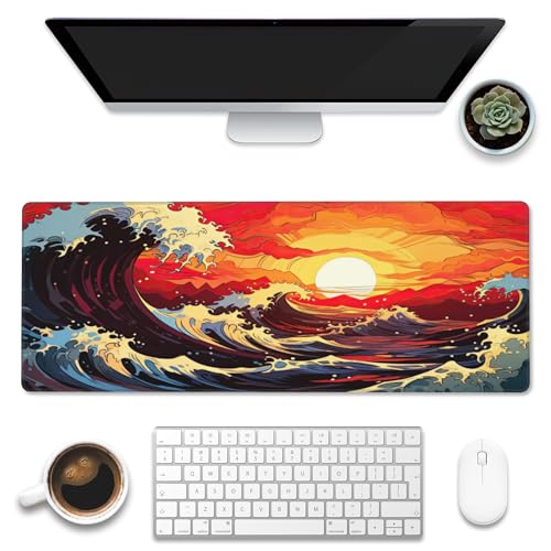 Large Gaming Mouse Pad for Desk,Ocean Waves at Sunset Desk Mat for Desktop,Rough Ocean Waves Desk Pad, Extended Big Computer Keyboard Mouse Pad with Non-Slip Base Stitched Edges 31.5"x11.8" - color: Ocean Waves at Sunset, size: XL-31.5"x11.8"