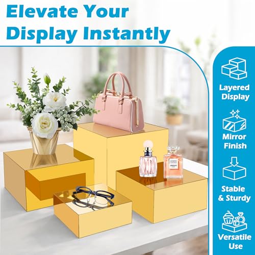 4Pcs Acrylic Risers Display Stands, Food Risers for Buffet Table, Acrylic Cube Mirror Risers for Catering Dessert, Jewelry Collectibles Party, Gold - color: Gold