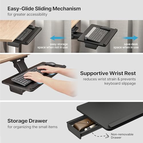 PEGZONE Keyboard Tray Under Desk Slide Out, 25 x 11 inch, Black | with Storage Drawer, Height Adjustable Swivel Tilt, Ergonomic Under Desk Mount Keyboard & Mouse Holder for Gaming Home Office