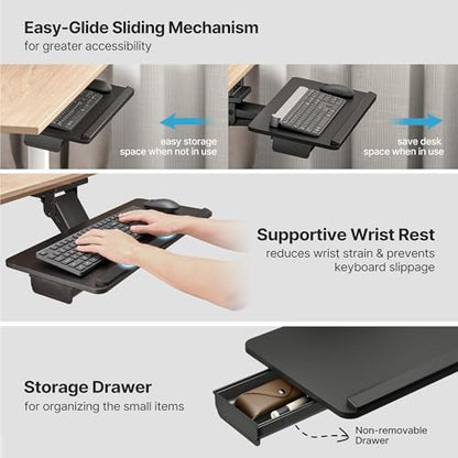 PEGZONE Keyboard Tray Under Desk Slide Out, 25 x 11 inch, Black | with Storage Drawer, Height Adjustable Swivel Tilt, Ergonomic Under Desk Mount Keyboard & Mouse Holder for Gaming Home Office