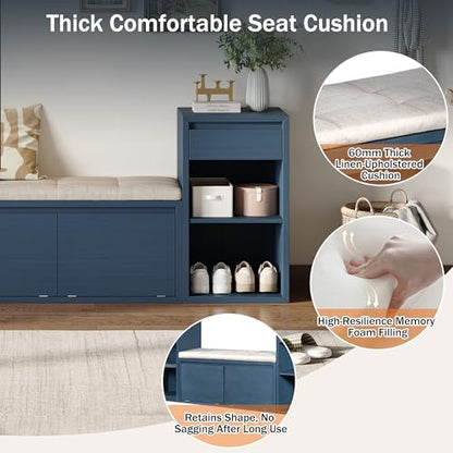 77.48" Entryway Storage Bench with Cushion, Drawers & Shelves, Antique Navy | 4-in-1 Hallway Bench with Drawers, Compartments & Open Shelves – Mudroom Shoe Storage, Entryway Organizer - color: Antique Navy