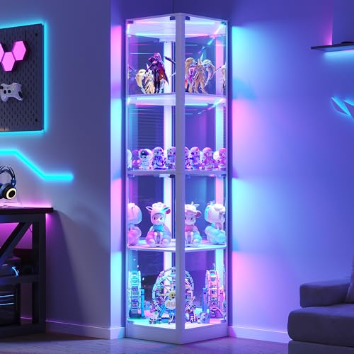 Dystler Corner Display Cabinet with Glass Doors & RGB Lights | 68" Tall, Human Sensor Lights, 4-Tier, Display Case for Collectibles, Modern Storage Cabinet - color: White
