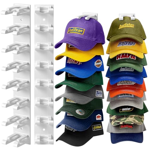 Hat Organizer for Baseball Caps Wall, 2 Pack Hat Holder for Closet Door Hold up to 16 Hats,Hat Hook with Adhesive and 8 Screws, Hat Hanger Cap Holder Hat Hangers for Wall Closet Door Bedroom(A-White) - color: A-White