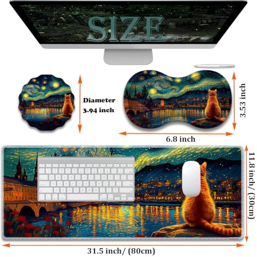 Large Gaming Mouse Pad + Wrist Rest+ Coaster Combo, 31.5 "x 11.8" Durable Non-Slip Extension Table Mat, Suitable for Office and Home, Cat Starry Night Art - color: Cat Starry Night Art