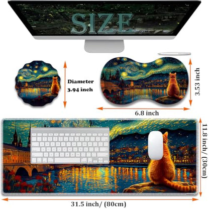 Large Gaming Mouse Pad + Wrist Rest+ Coaster Combo, 31.5 "x 11.8" Durable Non-Slip Extension Table Mat, Suitable for Office and Home, Cat Starry Night Art - color: Cat Starry Night Art