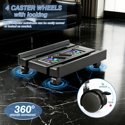 PC Stand for PC Tower With F, Computer Desktop Stand with 4 Lockable Castors, Universal Adjustable CPU Stand with Wheels - (New Black)