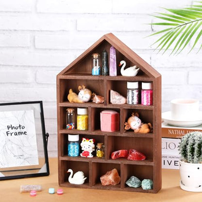 Threehoney House Shaped Wooden Shadow Cubby Box 10 W x 2 1/4 D x 15 H Hanging Display Shelf Organizer Wall Mounted Curio Cabinet Wooden Display Case Miniature Shelf for Figures (Brown) - color: Brown