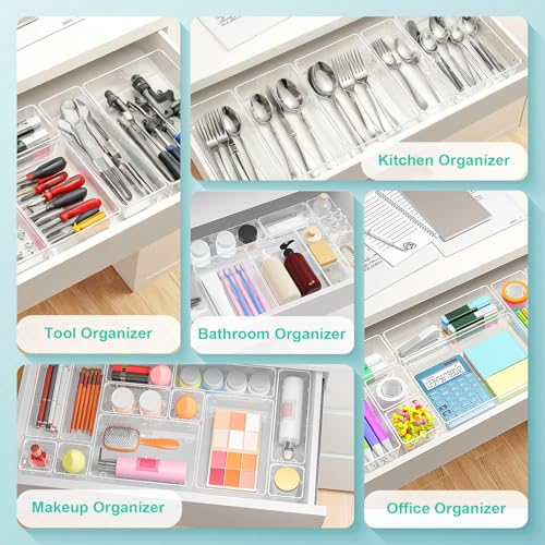 45Pack Makeup Drawer Organizers Set, 4Sizes acrylic desk organizer trays for vanity, bathroom, office, nightstand, junk for kitchen drawer, Versatile plastic drawer divider storage bins - size: S45(3-6-12-24)