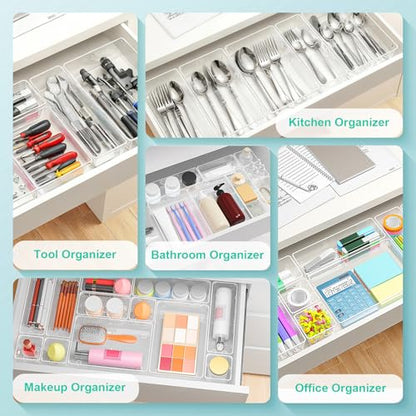 45Pack Makeup Drawer Organizers Set, 4Sizes acrylic desk organizer trays for vanity, bathroom, office, nightstand, junk for kitchen drawer, Versatile plastic drawer divider storage bins - size: S45(3-6-12-24)