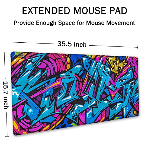 SSOIU Extended Gaming Mouse Pad - Non-Slip Water-Resistant Rubber Base Computer Keyboard Mouse Mat, 35.5 x 15.7-inch XX-Large Desk Mat, Ideal Partner for Work & Game, Beautiful Street Art Graffiti - color: Street Art Graffiti