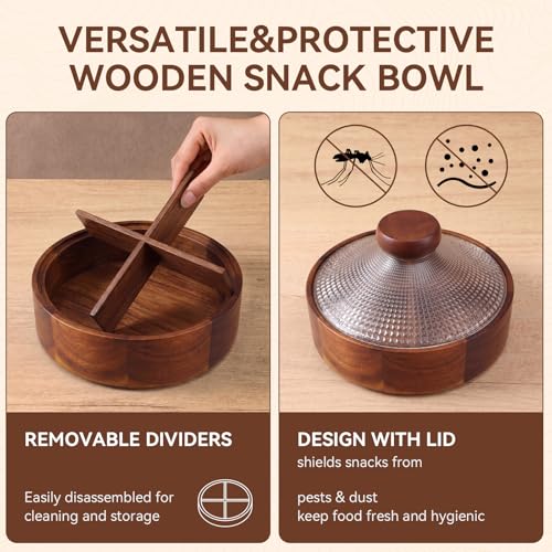 Blushtier Acacia Wood Snack Box with Glass Lid 8" Removable 4 Compartment Serving Tray Candy Nut Organizer Chip Dip Platter for Party Fruit Coffee Table Home Decoration Storage Box