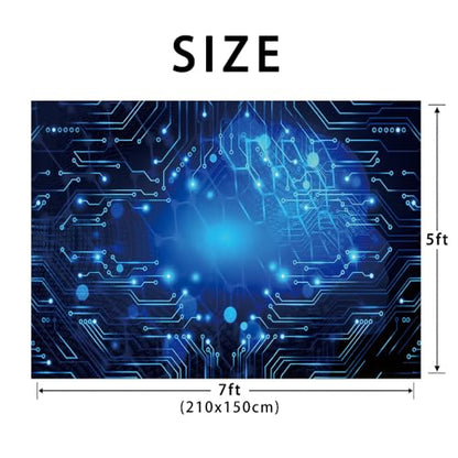 7x5ft Circuit Board Blue Glow Photo Backdrop Tech Theme Sequin Glitter Photography Background Digital Innovation Electronics Event Party Banner Decoration Supplies Polyester - size: 7x5FT
