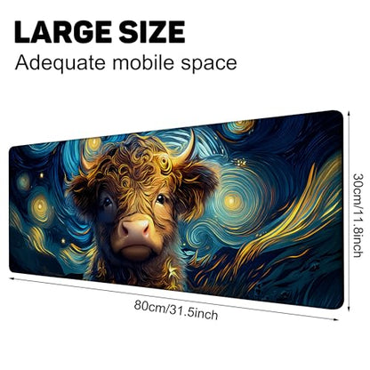 Starry Night Highland Cattle Gaming Mouse Pad Large Desk Mat Extended Keyboard Anime Mousepad with Non-Slip Base and Stitched Edge for Desk Home Office Gaming,31.5 x 11.8 Inch - color: Starry Night Highland Cattle, size: 11.8*31.5inch