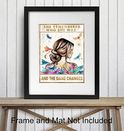 Inspirational Positive Quotes Wall Art Decor - She Remembered Who She Was And The Game Changed - Hippie Boho Motivational Poster - Encouragement Gifts for Women - Rustic Girls Bedroom Home Office