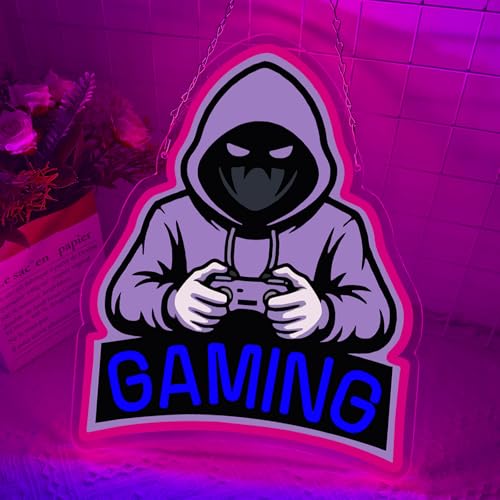 Gaming Neon Sign, Purple Hooded Gamer LED Neon Sign with Controller, Gaming Wall Decor for Game Room, Bedroom, Man Cave, Perfect Gamer Gift for Men, Teens & Boys - color: Gaming Rose red