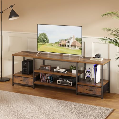 DUMOS 63" TV Stand with Storage Drawers & Open Shelves, Rustic Brown | Media Console Table for 75" TVs, Entertainment Center with Charging Station (2AC+USB+Type-C), Heavy Duty for Living Room - size: 15.8"D x 63"W x 21.7"H
