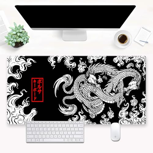 Japanese Dragon Desk Mat, Black White Large Gaming Mouse Pad 31.5x15.7 in | Stunning high contrast ink dragon desk pad providing elite tracking accuracy, plush support, and anti-fray borders. - color: Dragon