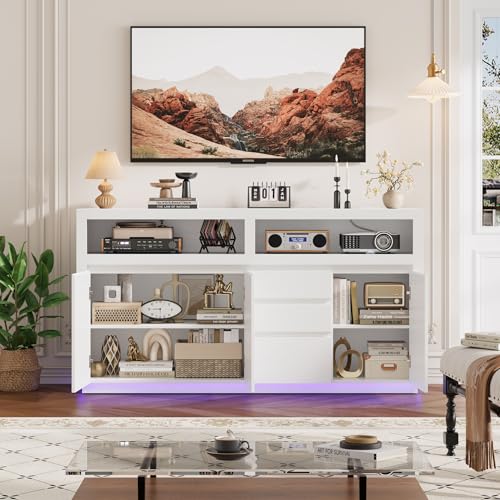 FACBOTALL 63" W Modern TV Stand, Large Entertainment Center with Storage Cabinets & Drawers, Media Console Cabinet up to 70 Inch with LED Lights & Power Outlet, TV Consoles for Living Room, White - color: White
